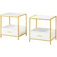 Set de 2 Masute Noptiere Moderne, Noptiere cu Sertar si Raft, Organizatoare de Depozitare, Alb si Auriu 50x40x55cm HOMCOM | Aosom Romania - 1