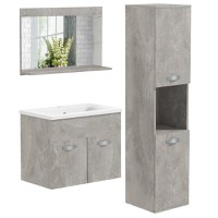 Set de Mobilier de Baie din 3 Piese, Montare pe Perete, cu Dulap cu Oglinda, Dulap de Depozitare Inalt, Gri Kleankin | Aosom Romania - 1