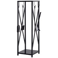 Suport lemne de Interior si Exterior cu economisire de spatiu din Metal cu Paleta, Matura, Vatrai si Cleste 34x34x111cm Negru Outsunny | Aosom RO - 1