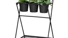 Suport pentru plante din Metal Pliabil Outsunny cu 3 Ghivece, Raft pentru Plante cu Etajera pentru Casa si Gradina, 47x37x78,5 cm, Negru