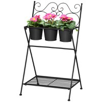 Suport pentru plante din Metal Pliabil Outsunny cu 3 Ghivece, Raft pentru Plante cu Etajera pentru Casa si Gradina, 47x37x78,5 cm, Negru - 1