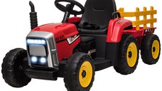 Tractor electric pentru copii cu remorcă detașabilă, baterie reîncărcabilă 12V cu telecomandă, lumini, pentru 3-6 ani, roșu HOMCOM | Aosom Romania