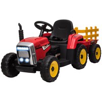 Tractor electric pentru copii cu remorcă detașabilă, baterie reîncărcabilă 12V cu telecomandă, lumini, pentru 3-6 ani, roșu HOMCOM | Aosom Romania - 1