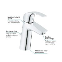 Baterie lavoar Grohe Eurosmart, cartus ceramic, set evacuare cu tija, aerator, marimea M, Crom-23322001 - 1