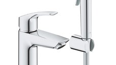 Set baterie lavoar Grohe Eurosmart S, 3/8'', monocomanda, set dus igienic, 1 jet, crom - 23124003