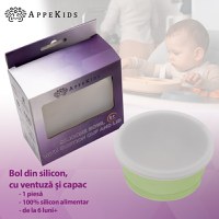 Bol din silicon cu ventuza si capac, AppeKids - Raw Green - 2