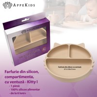 Farfurie compartimentata din silicon cu ventuza, AppeKids - Kitty - Bubble Beige - 2