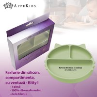 Farfurie compartimentata din silicon cu ventuza, AppeKids - Kitty - Raw Green - 2