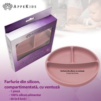 Farfurie compartimentata din silicon cu ventuza, AppeKids - Old Rose - 2