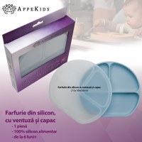 Farfurie compartimentata din silicon cu ventuza si capac, AppeKids - Aqua Blue - 2