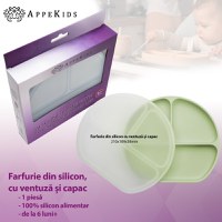 Farfurie compartimentata din silicon cu ventuza si capac, AppeKids - Raw Green - 2