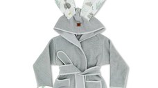 Halat de baie, MimiNu, Cu urechi, 5 - 7 ani, Moale, Cu buzunare, Cu cordon, Din bumbac si thermo fleece, Materiale certificate Oeko Tex Standard 100, Forest Friends Mint