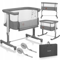 Patut co-sleeper, Lionelo, Aurora, 3 in 1, Cu leganare si setare unghiulara, Include saltea cu densitate T25 si geanta transport, Reglabil in 5 pozitii pe inaltime, Pana la 9 kg, 0 luni+, 85x60x66 cm, Conform cu EN 1130:2019+AC:2020, EN 16890:2, Gri - 2