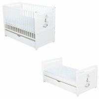 Patut din Lemn BabyNeeds Nadia II Girafa Transformabil Pentru Bebe si Junior 120x60 cm Multifunctional Cu Sertar Alb + Saltea 12 cm - 1