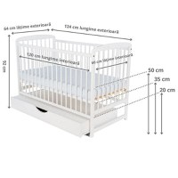 Patut din Lemn BabyNeeds Ola 120x60 cm din Lemn de Pin si Mdf Alb + Saltea 12 cm - 3