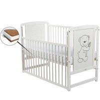 Patut din Lemn BabyNeeds Timmi 120x60 cm cu Laterala Culisanta Alb + Saltea 10 cm - 1