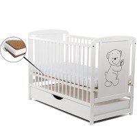 Patut din Lemn BabyNeeds Timmi 120x60 cm cu Sertar Alb + Saltea 10 cm - 1