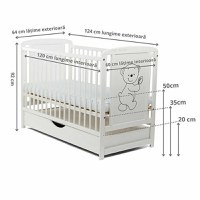 Patut din Lemn BabyNeeds Timmi 120x60 cm cu Sertar Alb + Saltea 10 cm - 10