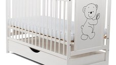 Patut din Lemn BabyNeeds Timmi 120x60 cm cu Sertar Alb