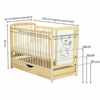 Patut din Lemn BabyNeeds Timmi 120x60 cm cu Sertar Natur + Saltea 8 cm - 7