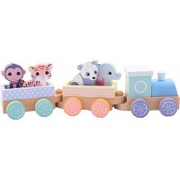 Trenulet, Joueco, Din lemn certificat FSC, Cu locomotiva si doua vagoane, Include 4 figurine in forma de maimuta, tigru, elefant si panda 18 luni+, Multicolor - 6