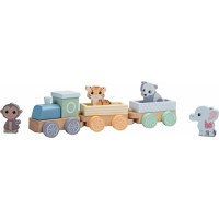 Trenulet, Joueco, Din lemn certificat FSC, Cu locomotiva si doua vagoane, Include 4 figurine in forma de maimuta, tigru, elefant si panda 18 luni+, Multicolor - 1