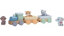 Trenulet, Joueco, Din lemn certificat FSC, Cu locomotiva si doua vagoane, Include 4 figurine in forma de maimuta, tigru, elefant si panda 18 luni+, Multicolor