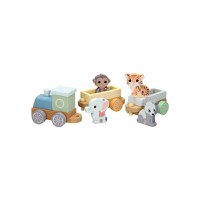 Trenulet, Joueco, Din lemn certificat FSC, Cu locomotiva si doua vagoane, Include 4 figurine in forma de maimuta, tigru, elefant si panda 18 luni+, Multicolor - 2