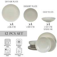 Set farfurii 12 piese, pentru 4 persoane, Ivory, Cesiro, Alb Ivoire cu liniute - 1