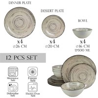 Set farfurii 12 piese, pentru 4 persoane, Stone, Cesiro, Alb Ivoire cu linii negre - 1