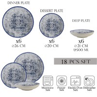 Set farfurii 18 piese, 6 persoane, set cu farfurie adancă-Ensemble Elegante Azzurro - Set Veselă Italiană Porțelan - 1