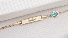 Bratara bebe - Personalizata cu nume - Placuta cu baiat si lant gros - Aur Galben 14K si Blue Mother of Pearl