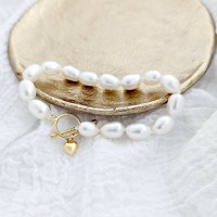 Bratara cu Perle - model sirag de perle albe Rice de apa dulce - Argint 925 placat cu Aur Galben 18K - 1