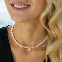 Lantisor cu Perle - Initiala eleganta - Model sirag de perle si 4 bilute - Aur Galben 14K - 1