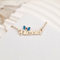 Lantisor personalizat cu Nume si Fundita colorata cu email - Argint 925 placat cu Aur Galben 18K - 1