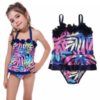 Costum de baie mov cu frunze si floricele aplicate Drool - 1