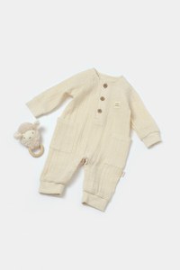 Salopeta cu nasturei, Winter muselin, 100% bumbac - Stone, BabyCosy - 1