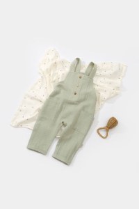 Salopeta de vara cu buzunare din muselina, BabyCosy, 100% bumbac organic, verde - 2