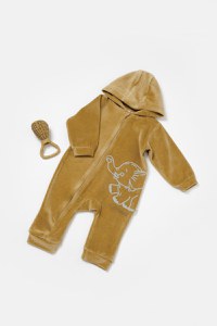 Salopeta Elefant cu maneca lunga si gluga din 80%bumbac organic si 20% poliester - Mustar, BabyCosy - 1