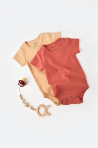 Set 2 body-uri bebe unisex -100% bumbac organic - Mustar/ Scortisoara, BabyCosy - 1