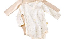 Set 2 body-uri cu maneca lunga bebe unisex -100% bumbac organic - Ecru cu buline, BabyCosy