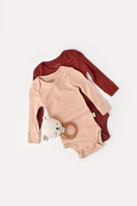 Set 2 body-uri cu maneca lunga bebe unisex din bumbac organic si modal - Caramiziu/Somon, BabyCosy - 1