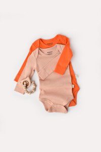 Set 2 body-uri cu maneca lunga bebe unisex din bumbac organic si modal - Rodie/Piersica, BabyCosy - 1