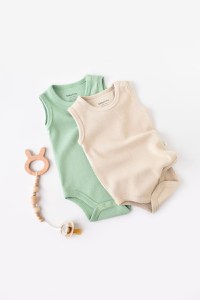 Set 2 body-uri fara maneci bebe unisex -100% bumbac organic - Mint/Stone, BabyCosy - 1