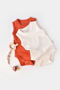 Set 2 body-uri fara maneci bebe unisex -100% bumbac organic -Scortisoara/Ecru, BabyCosy - 1