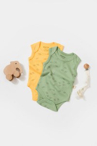 Set 2 body-uri fara maneci Printed, BabyCosy, 50% modal+50% bumbac, Lamaie/Verde - 2