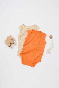 Set 2 body-uri fara maneci Printed, BabyCosy, 50% modal+50% bumbac, Stone/Apricot - 2