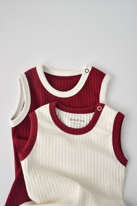 Set 2 body-uri fara maneci Ribana Bebe Unisex din bumbac organic si 5%elastan - Ecru/Bordo BabyCosy - 7