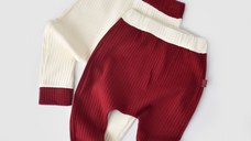 Set 2 pantaloni Ribana Bebe Unisex din bumbac organic si 5%elastan - Ecru/Bordo, BabyCosy