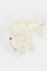 Set 3 piese:bluza, pantaloni si caciulita Printed, BabyCosy, 50% modal+50% bumbac, Ecru - 1